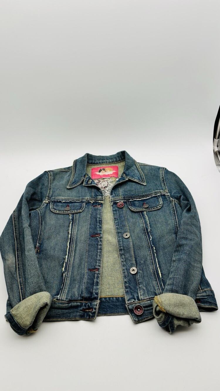 Vintage Fiorucci Jacket Womens Medium Denim Floral Embroidered Crop Y2K Jean VG